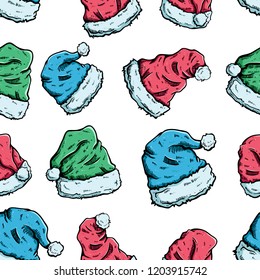 colorful christmas hat in seamless pattern with hand drawn style on white background