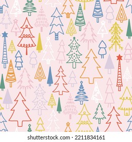 Colorful christmas holiday trees seamless repeat pattern.  Doodled, vector fir forest all over suface print on pink background.