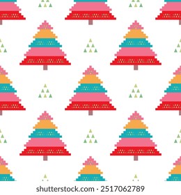 Colorful Christmas Holiday,Pine tree seamless pattern.Beautiful Scandinavian woodland folk design.Geometric ornament.Abstract pixel repeated background.Cute illustration for print decor,wallpaper,etc