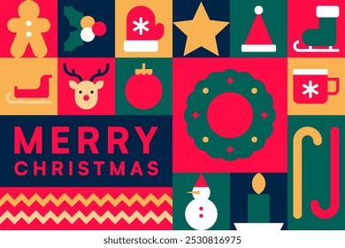 Colorful Christmas Icon Collage with Merry Christmas Text Vector Illustration