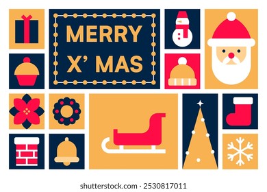 Colagem de ícone de Natal colorido com ilustrações de vetor de texto de X'mas alegres