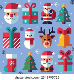 Colorful Christmas Icon Set - Festive Holiday Characters and Elements in Flat Style Vector