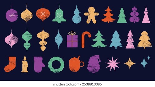 Colorful Christmas icons and abstract shapes collection. Set of geometric hand drawn elements, minimalist Christmas decorations, trees, gift boxes, Santa Claus and ornaments elements. Hand drawn