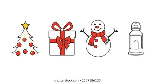 Colorful Christmas icons featuring a tree, present, snowman, and lantern for festive celebrations