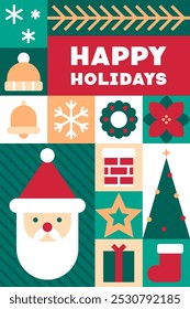 Colorful Christmas Icons with Happy Holidays Greeting Vector Illustration