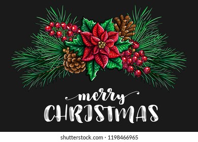 Colorful christmas isolated elements on black background Beautiful illustration red green and gold color