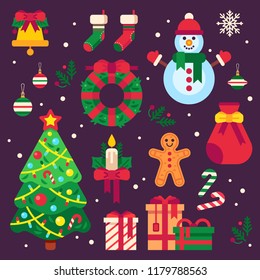 Colorful christmas items. Xmas stocking, garland lights for fir tree and Santa gifts. Winter holidays wreath stockings, lollipop bell gingerbread and balls decor elements vector icons set