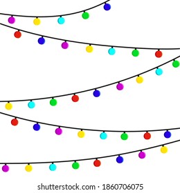Colorful Christmas light bulb background and pattern. Cartoon bright garland isolated on white background. Garlands with colored bulbs. Xmas holidays. Christmas greeting card design element. Happy new