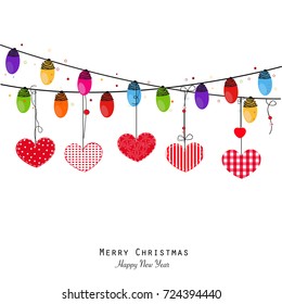 Colorful Christmas light bulb and hearts. Happy new year greeting card vector.