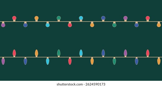 Colorful Christmas light garlands on dark green background, featuring round and teardrop-shaped bulbs in festive, bright colors.