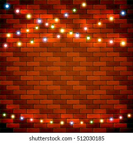 Colorful Christmas light on brick wall background, holiday decorations, illustration.