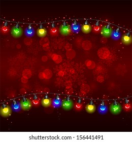 Colorful Christmas light on red background with stars, illustration.