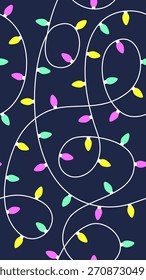 Colorful Christmas Light String Vertical Seamless Pattern on Dark Background Vector Illustration