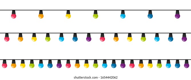 Colorful christmas lights bulbs isolated on white background. Color garlands. Lights bulbs in simple trendy flat design. Vector illustration