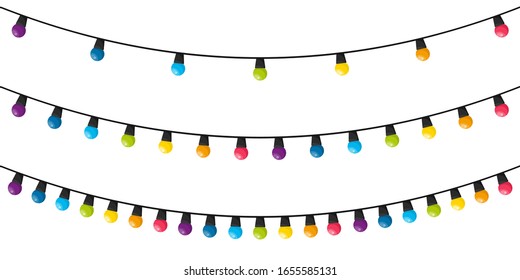 Colorful christmas lights bulbs isolated on white background. Color garlands. Lights bulbs in simple trendy flat design. Vector illustration	
