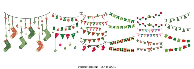 Luzes de Natal coloridas, Banners festivos e bandeiras de festa. Feliz Ano Novo sinais de decoração