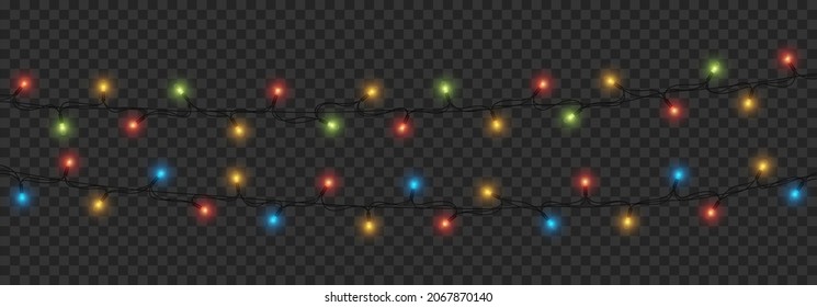 Colorful christmas lights isolated on dark background. Realistic design elements for winter holidays. Glowing lights for Xmas greeting card design. Garlands party decorations. Vector illustration
