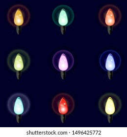 Colorful christmas lights isolated realistic elements. Set of colorful xmas glowing garland. Lights for Xmas Holiday greeting. Garlands, party decorations.