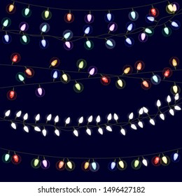 Colorful christmas lights isolated realistic elements. Set of colorful xmas glowing garland. Lights for Xmas Holiday greeting. Garlands, party decorations.