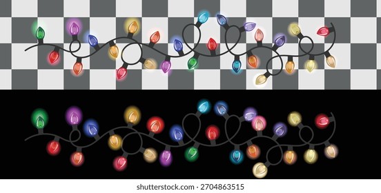 Cadena de luces de Navidades coloridas sobre fondos blancos y negros