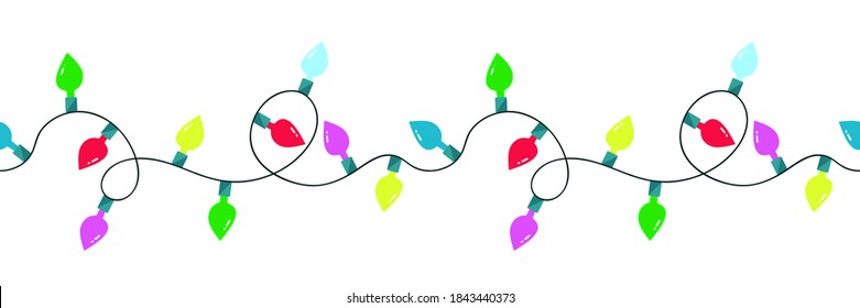 Colorful christmas lights vector seamless pattern in cartoon style isolated on white background. Color garlands. Lights bulbs in simple trendy flat design.Copy paste. Easy to use. New year lamps eps10