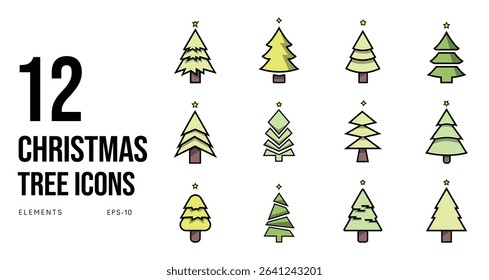 Colorful Christmas Minimalist Color Christmas Tree Set Vibrant Holiday Vector Icons Winter Holiday Tree Symbols