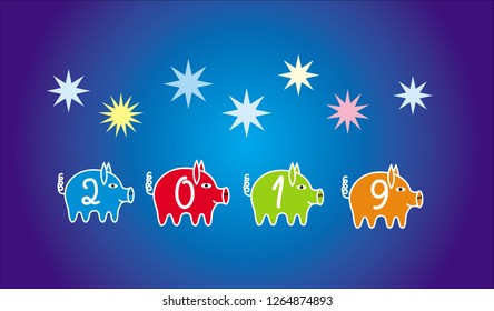 Colorful Christmas, new year background to the year of the pig 2019. 4 pigs among the stars on a blue background of the sky. Vector graphics.