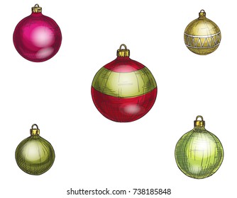 Colorful christmas and New Year balls. Set of isolated decorations. Vector illustration.