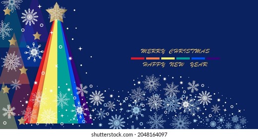 Colorful Christmas and New Year banner for the LGBT community. Rainbow Christmas tree and snowflakes on a dark blue background.