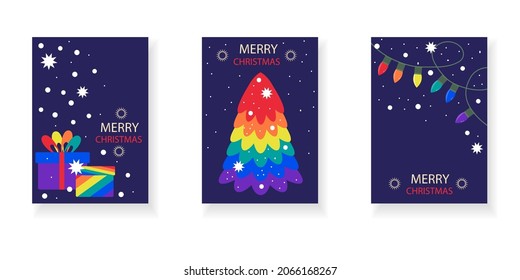 Colorful Christmas and New Year greeting card set for the LGBT community. Rainbow Christmas tree, gift boxes, garland and snowflakes on a dark blue background.