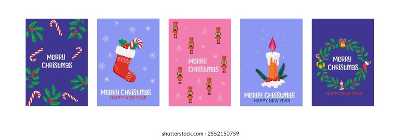 Navidades coloridas y diseños de tarjetas de felicitación del año Nuevo con ilustraciones festivas como bastones de caramelo, coronas, medias, velas y cascanueces.