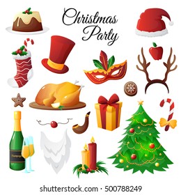 Colorful christmas and new year symbols party set isolated on white background flat vector illustration 