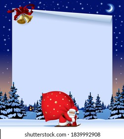 Colorful Christmas and New Year web page and greeting letter template with Santa Claus by ski against the winter spruce forest in snow and gold bells on the starry sky. Vector Illustration
