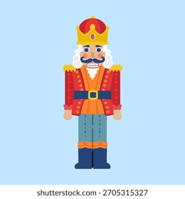 Colorful Christmas Nutcracker Character in Red, Orange and Blue for Holiday Decor, Cards and Seasonal Designs. Flat vector illustration