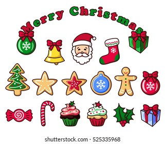 Colorful Christmas objects, Christmas tree, Santa Claus, Christmas cookies.