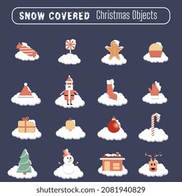 Colorful Christmas objects vector in snow covered vector theme.