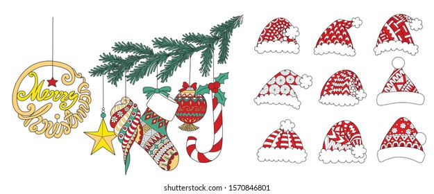 Colorful Christmas ornamentals hanging on Christmas tree branch and Christmas hats set for design element.Vector illustration