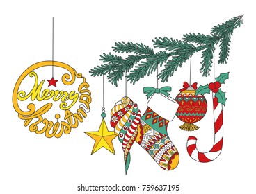 Colorful Christmas ornamentals hanging on Christmas tree branch for design element.Vector illustration