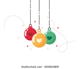 Colorful Christmas ornaments 2021. Hanging New Year balls with heart. Decorative toys for a postcard. Symbol of Xmas holiday celebration, winter. Flat design for card. On white background. Eps 10