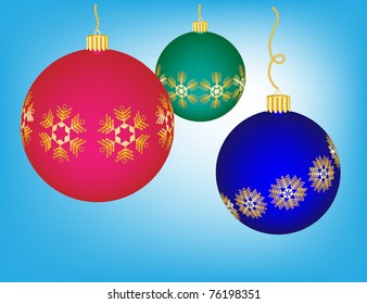 Colorful Christmas ornaments with gold snowflake accents on a blue background