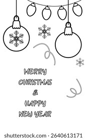 Colorful Christmas ornaments hang against a white transparent background, showcasing delicate snowflakes and a festive message wishing a Merry Christmas and Happy New Year. Coloring page Vertical card