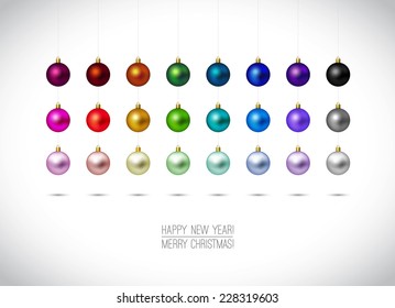 Colorful Christmas ornaments isolated on white background. Hanging Christmas Decoration. Happy New Year and Merry Christmas label. Red,Gold, Blue, Green christmas balls. Vector illustration.