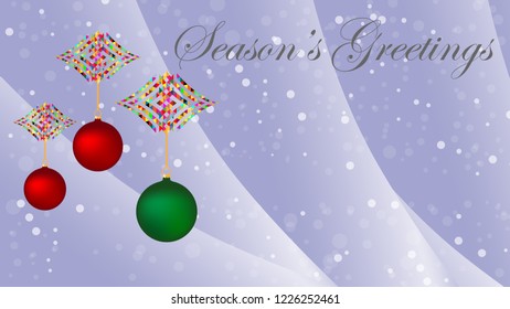 Colorful Christmas ornaments with multicolor ribbons and snow background.  Vector illustration. Season's Greetings, Merry Christmas, Happy New Year 2019.