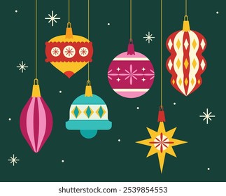 Colorful Christmas Ornaments Set with Decorative Patterns in Festive Shapes