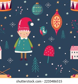 colorful Christmas pattern with cute elf and winter stuff for wrapping paper