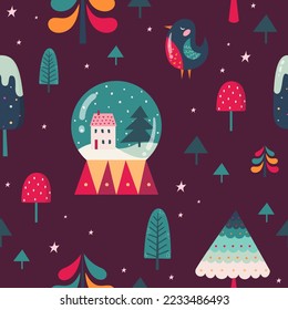 colorful Christmas pattern with cute snow globe and winter stuff for wrapping paper