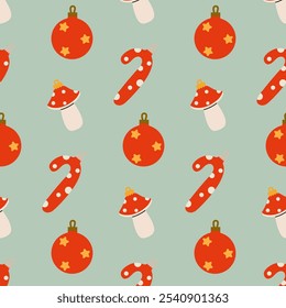 Colorful Christmas pattern featuring ornaments, candy canes, and mushrooms on a light background