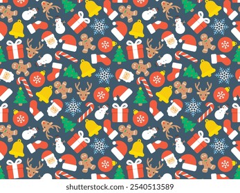 Colorful Christmas pattern with gifts, candy, and gingerbread on a festive background