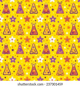 Colorful Christmas pattern with needlecraft trees and stars.