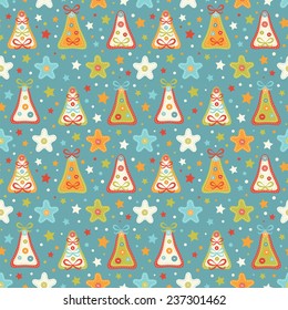 Colorful Christmas pattern with needlecraft trees and stars.